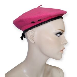 Vintage Parkhurst Wool Beret Hat in Pink with Leather Trim